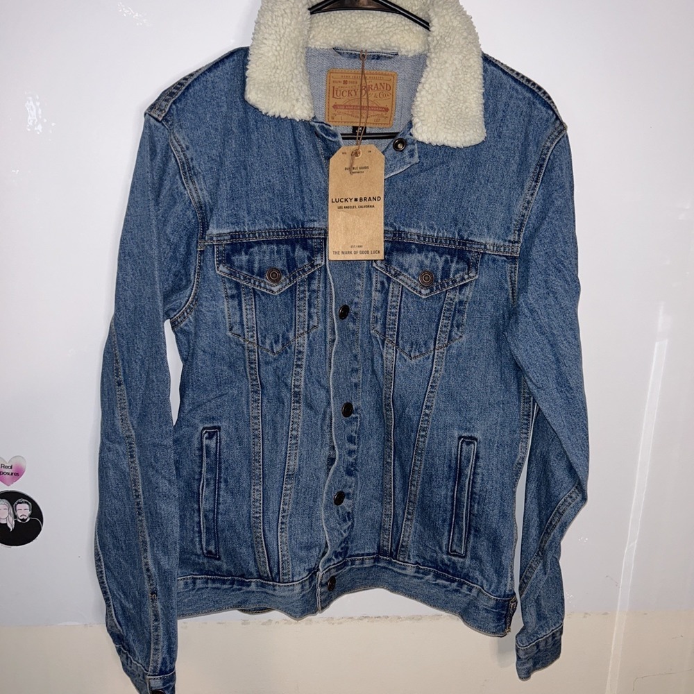 New Lucky Brand Jean Jacket Trucker Denim Women Size M Warm & Wooly MSRP $ 99